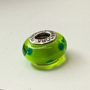 Pandora Retired Lime Green Murano Glass Dark Green Dot Charm ALE 925